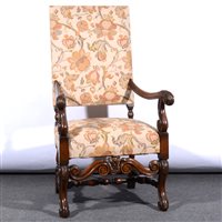 Lot 478 - An oak framed hall chair, square back, acanthus carved and scrolled arms