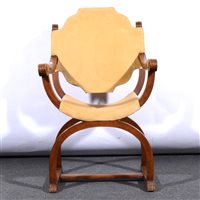 Lot 365 - Continental beech hall chair, shaped back,. scrolled arms