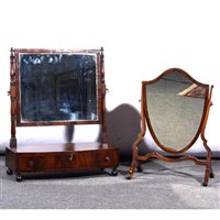 Lot 367 - Victorian mahogany toilet mirror, rectangular plate, and a shield shaped toilet mirror (2)