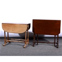 Lot 453 - Two small mahogany Sutherland tables, and a walnut long stool