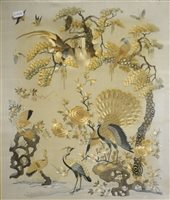 Lot 353 - Chinese embroidered silk screen panel, with peacocks and birds in a tree, torn, framed.