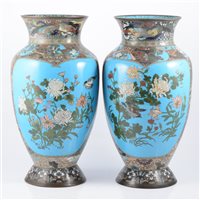 Lot 244 - Pair of large Cloisonné blue ground vases, 20th century
