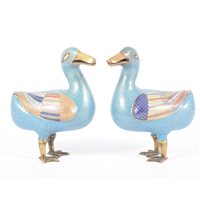 Lot 257 - A pair of Cloisonne models of Ducks, standing,...