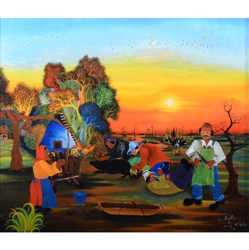 Lot 295 - Biserka Zlatar, Croatian naive art - village scene, 1974, reverse glass painting