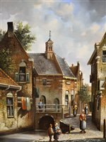 Lot 267 - Schreuder, a town scene with figures by a canal, oil on...