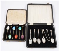 Lot 237 - Set of six silver and enamel coffee spoons and...