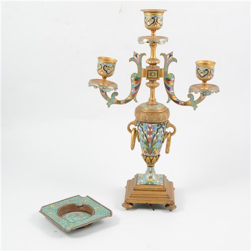 Lot 166 - French gilt metal and champleve enamelled three-light candelabra, 31cm; and a cloisonne square ashtray. (2)