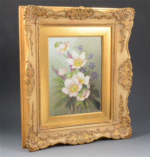 Lot 82 - Continental porcelain plaque, hand-painted, with spring flowers.
