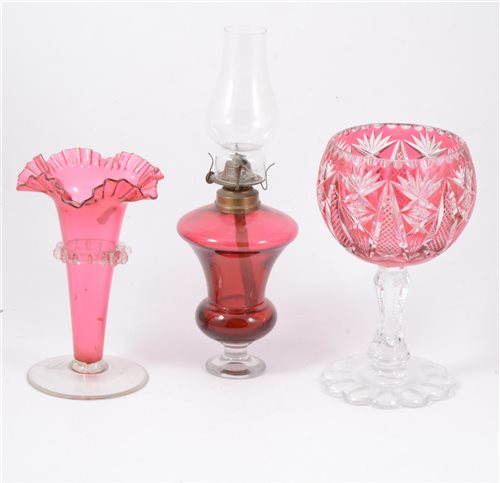 Lot 33 - Cranberry glass vase, crimped rim, and other Cranberry and ruby overlaid glass