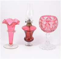 Lot 33 - Cranberry glass vase, crimped rim, and other Cranberry and ruby overlaid glass