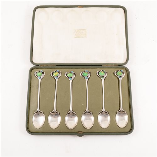 Lot 524 - A cased set of six 'Cymric' silver and enamel teaspoons, Liberty & Co., Birmingham, 1902