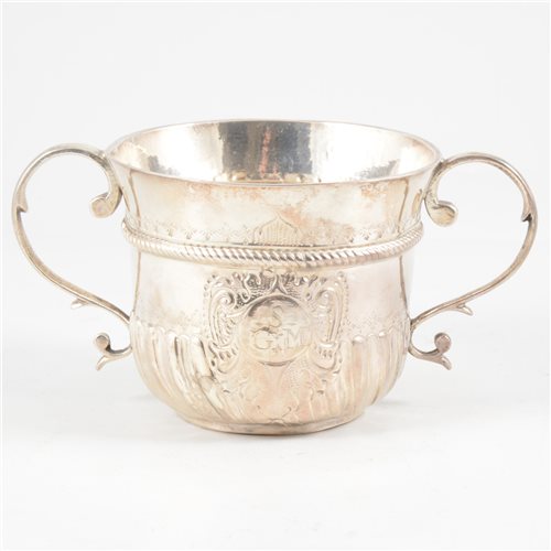 Lot 94 - Queen Anne Britannia Standard two handle porringer, unclear marks, London, probably 1706.