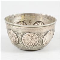 Lot 50 - Small white metal coin cup, unmarked, set with Brunswick Mariengrosch. coins, 1667-88.