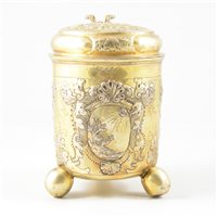 Lot 63 - Russian silver gilt lidded tankard, maker's marks SV and Cyrillic MC, Moscow, 18th Century.