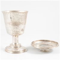 Lot 115 - Commonwealth period chalice and paten, single punched mark of star/floret only