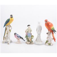 Lot 35 - Two Chelsea style porcelain parrots, together with other bird figures etc (9)