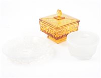 Lot 82 - René Lalique, 'Oursins' an opalescent dish (polished rim) and two other glass boxes