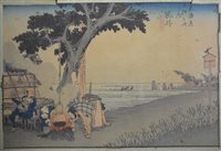 Lot 309 - Four Japanese wood block prints, urban and rural scenes, textured paper