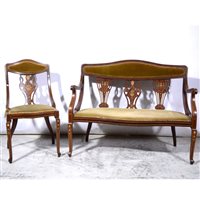 Lot 377 - Edwardian inlaid mahogany salon settee and matching sidechair