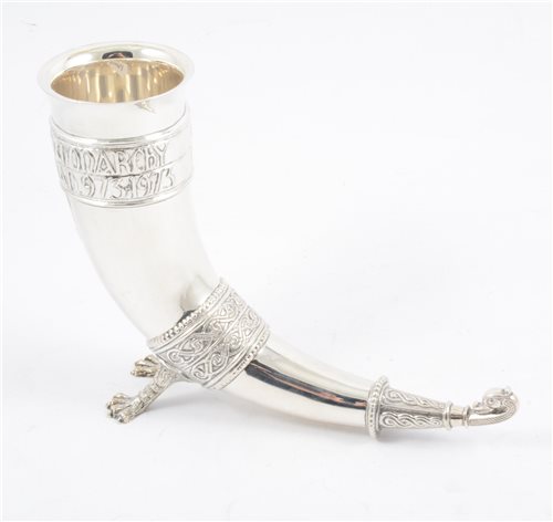 Lot 290 - A silver rhyton, commemorating 1000 years of the English Monarchy, by A E Jones.