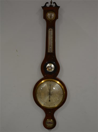 Lot 153 - Victorian mahogany banjo barometer, swan neck pediment, boxwood and ebony strung outlines, silvered dials and mirror panel, signed B. Bernasconi, Nottingham, Warranted, 99cm.