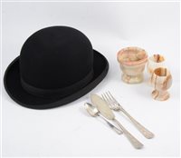 Lot 158 - A boxed bowler hat by Herbert Johnson; onyx wares and plated cutlery