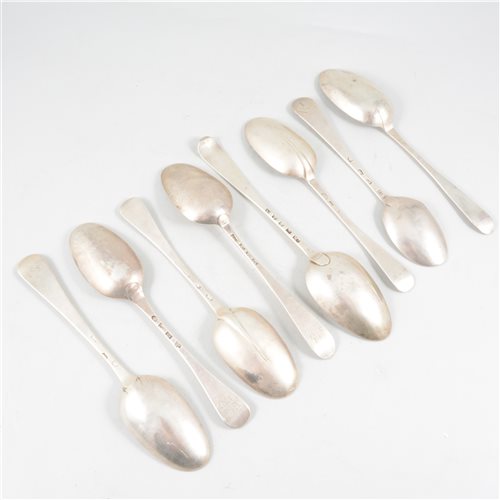 Lot 138 - George I Britannia Standard rat-tail spoon, Henry Clarke, London 1716; and seven other spoons.