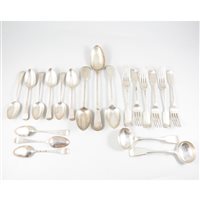 Lot 135 - Set of six George III silver dessert spoons by Eley & Fearn, London 1814; and other assorted flatware.