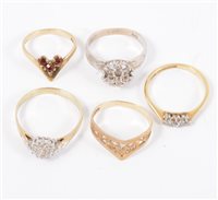 Lot 214 - Five gemset rings, a garnet wishbone ring, a 9 carat yellow gold wishbone ring, a small diamond three stone ring and two clusters, ring sizes H-S. (5)