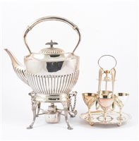 Lot 109 - Tray of silver plated ware; three piece tea set, kettle on stand, muffin dishes, cruet, silver button hook, cased silver coffee bean spoons, etc.