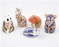 Lot 86 - Six royal Crown Derby paperweights with gold stoppers, cats, squirrel, panda, owl, (6)