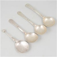Lot 12 - Scandinavian bead top spoon, back engraved 1715; and three Eastern European spoons.