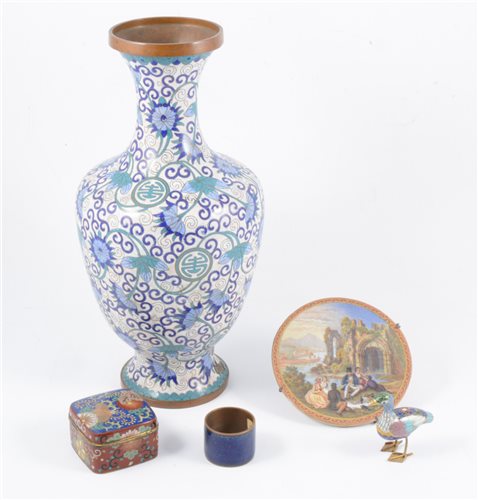 Lot 105 - Brass shell case vase, cloisonné vase, box, napkin rings, etc.