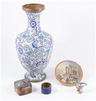 Lot 105 - Brass shell case vase, cloisonné vase, box, napkin rings, etc.