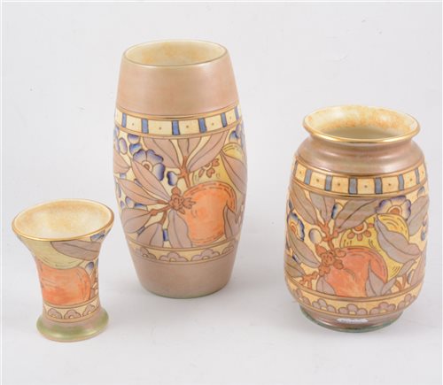 Lot 59 - Three Burleigh Ware vases - in the "Pomegranate" design two signed by Charlotte Rhead 23cm and 17cm, an unsigned 10cm vase. (3)