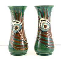 Lot 543 - A pair of Moorcroft Pottery vases, ‘Peacock Feathers’ designed by Sally Tuffin for Liberty & Co.