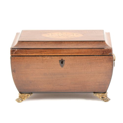 Lot 115 - George III inlaid mahogany tea caddy, sarcophagus shape, ...