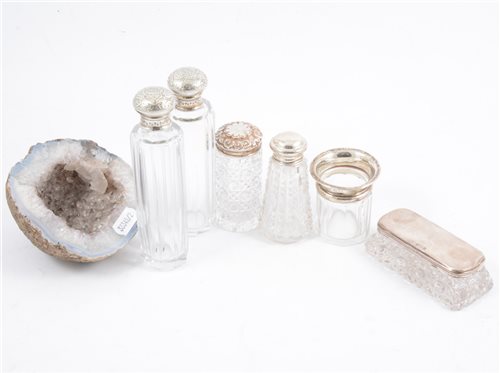 Lot 278 - Six silver topped glass jars and a half geode - one pair of Victorian jars 14cm high hallmarked Birmingham 1886