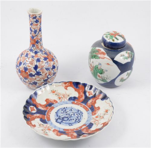 Lot 74 - Chinese polychrome ginger jar; an Imari bottle vase; two Imari plates; and an Isnik style plate.