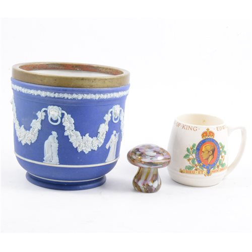 Lot 65 - Wedgwood blue jasperware jardinière, other decorative ceramics, and two glass paperweights.
