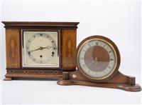Lot 210 - Walnut cased presentation mantel clock by Tarratt, Leicester, and three other mantel clocks. (4)