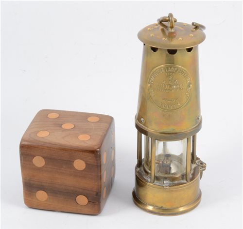 Lot 212 - An Eccles brass miners lamp number 6 cased, a reproduction sextant in box, large elm craft made bowl signed Chai, 31cm diameter, and a 10mm novelty wooden dice. (4)