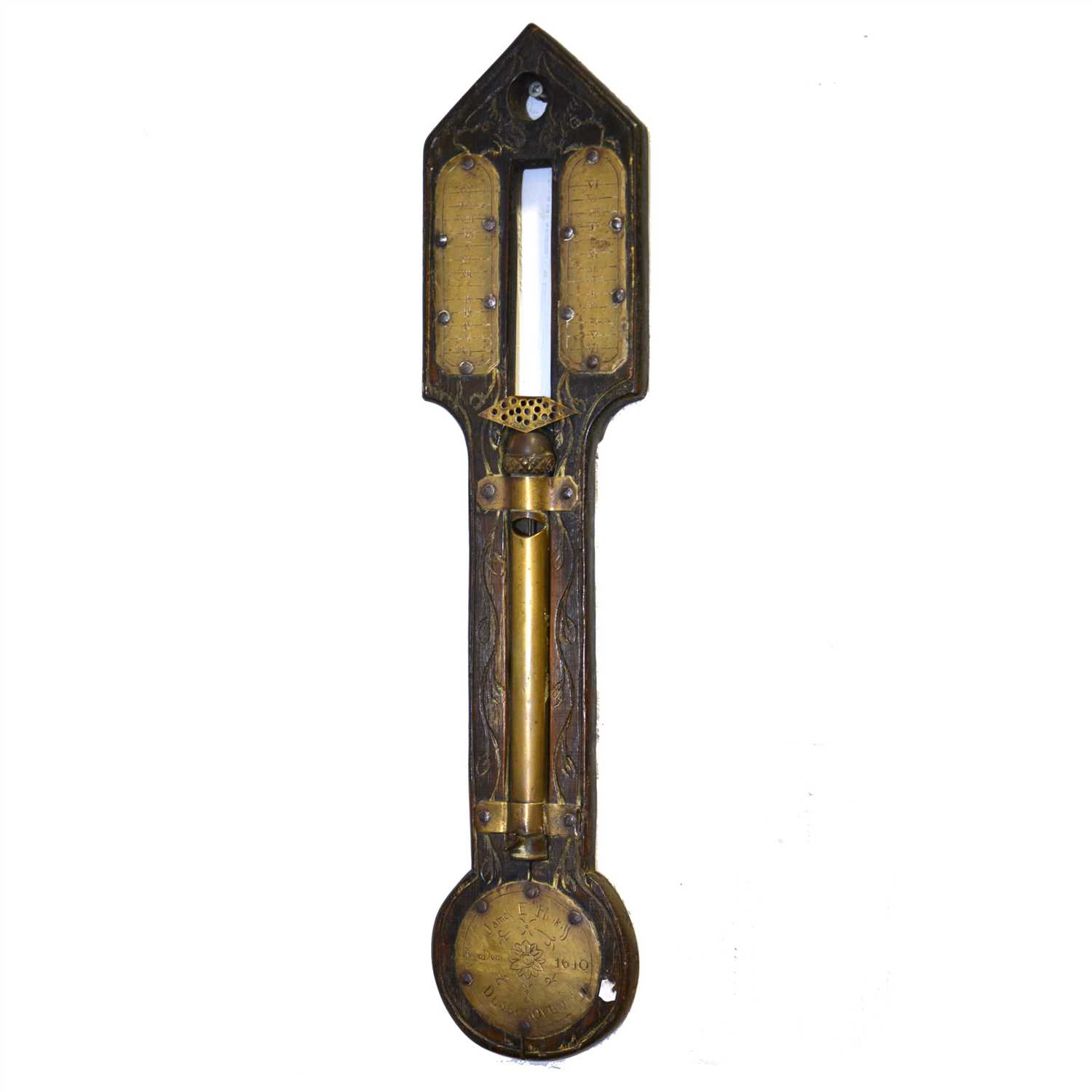 Lot 394 - Oak and brass mounted water clock, probably late 19th Century