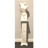 Lot 236 - After the Antique, Apollo, male torso, white variegated marble, on a square column with  stepped base, overall 163cm.
