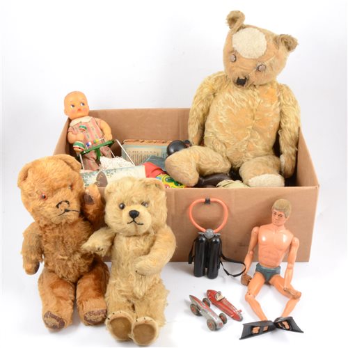 Lot 209 - Vintage toys including Action Man eagle eyes, chess set, teddy bears, and other toys.