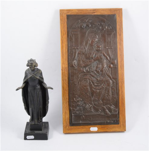 Lot 144 - Three Christian statues and a relief plaque depicting the Madonna and Christ.