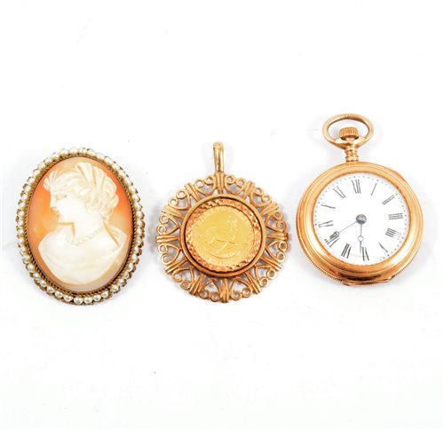 Lot 265 - A 10th Krugerrand in a 9 carat yellow gold pendant mount, an oval carved shell cameo in a metal brooch mount, small gold coloured fob watch.