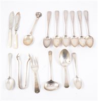 Lot 262A - Silver Christening set, caddy spoons, teaspoons, teaspoon with squirrel terminal, etc