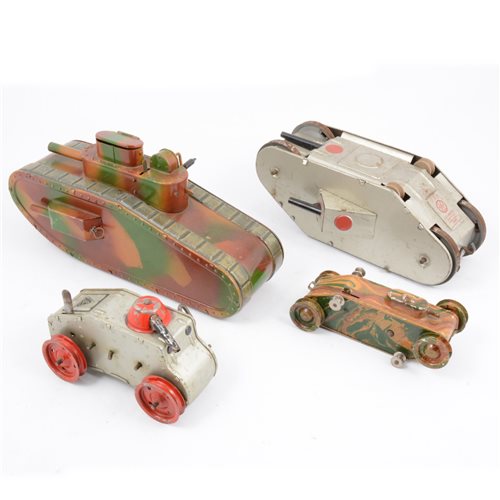 Lot 92 - Four wind-up clockwork tin-plate tanks, including a model by Markin Germany 13cm long, Marx USA 22cm long, Line Bros 12.5cm long and an unbranded tank 26m long, (4).