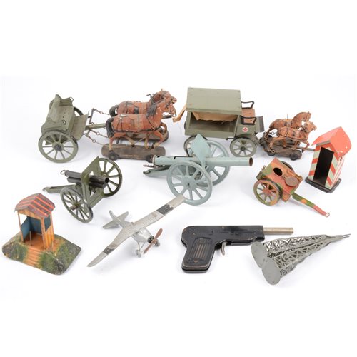 Lot 93 - Two Elastolin Germany military horse-drawn wagons, and other tin-plate military models etc.